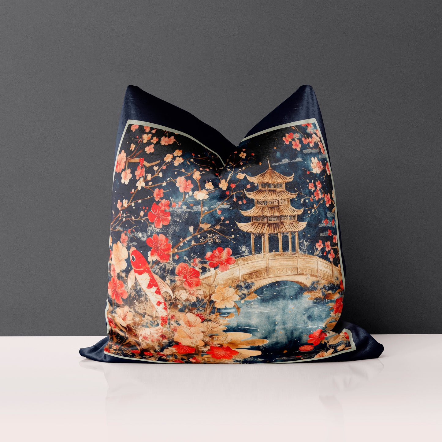 22" Velveteen Pillow - Koi Pond Design w/ Dark Blue Solid Back