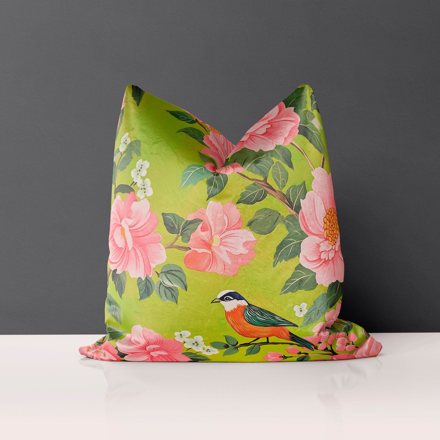 22" Velveteen Pillow - Chartreuse Bird