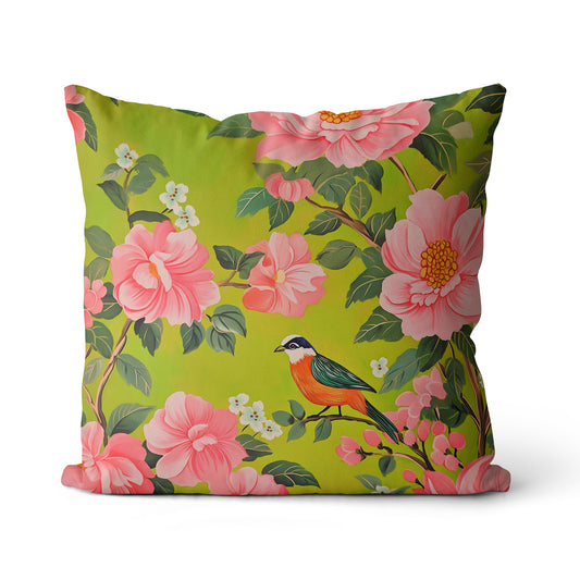 22x22" Cotton/Linen Pillow - Chartreuse Bird Design