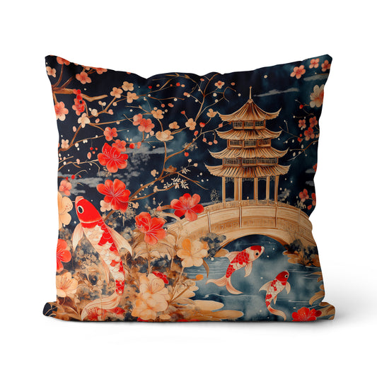 22x22" Cotton/Linen Pillow- Koi-Pond-Design w/ Dark Blue Solid Back
