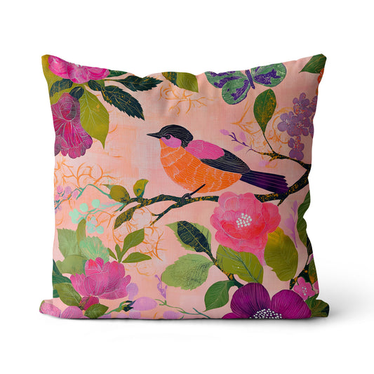 22x22" Cotton/Linen Pillow - Bird Woodcut Design - Color: Peach
