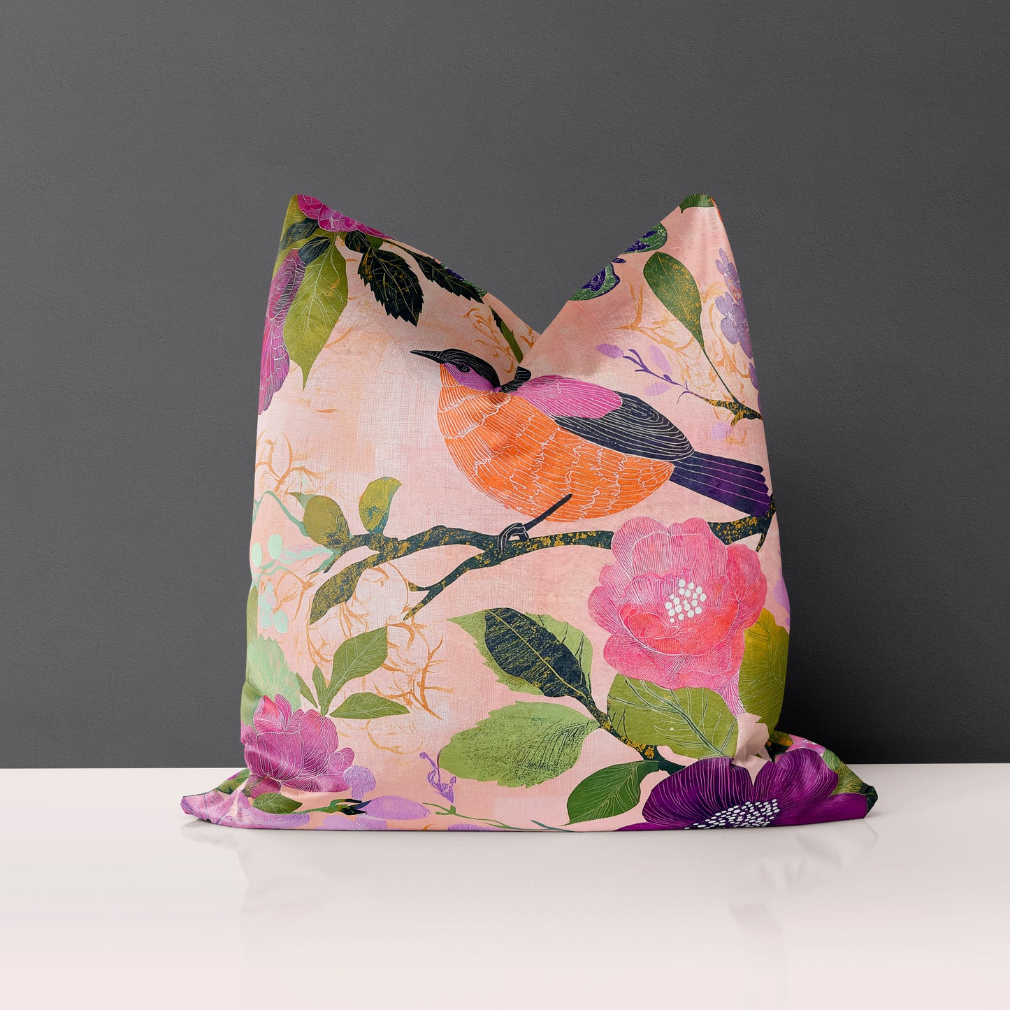22" Velveteen Pillow - Bird Woodcut Design - Color: Peach
